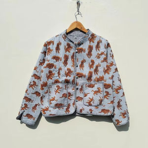 Women's New Style Boho Quilted <b>Jacket</b> Floral Block Print Short <b>Kantha</b> Reversible Coat Casual Winter Gift Woven Washed Technique - Product Image 1