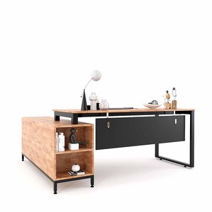 Table d'ordinateur exécutive 180x150cm, design moderne et contemporain, avec armoire intégrée en bois d'hévéa - BGD68059, mobilier de bureau stable - Product Image 2