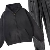 Ensemble de survêtement vintage noir et gris délavé à l'acide pour homme – Veste polaire zippée et pantalon de jogging – Style streetwear hiver 100 % coton