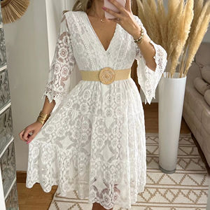 เดรสสั้นผ้าไหมคอวีทรงหลวมเข้ารูปสำหรับฤดูร้อนเดรสมินิเดรสแฟชั่นลำลองของผู้หญิงหรูหรา - Product Image 1