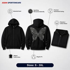 Maßgefertigter Strass-Schmetterling Reißverschluss-Hoodie Herbst Herren Streetwear Schwergewichts-Fleece-Sweatshirt Polyester/Baumwolle - Product Image 4
