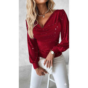 Blusa Sandy con adornos y cuello en V de manga larga para mujer, 37542 - Rojo - Product Image 2