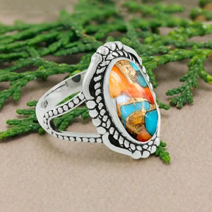 Nouvelle arrivée, bague en turquoise cuivre de coquille d'huître épineuse, argent sterling 925, bijoux bohèmes navajo, pierre précieuse faite à la main, fiançailles, mariages - Product Image 6