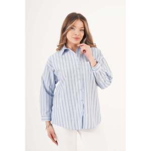 Camisa Azul a Rayas para Mujer LUSTRIN con Detalle de Botones en la Espalda, Blusa Casual Elegante de Manga Larga para Uso Diario y de Oficina - Product Image 1