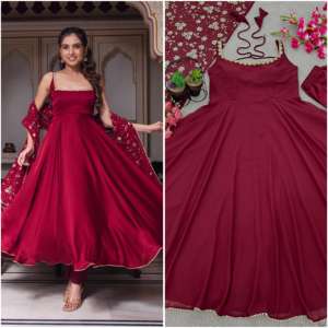 Robe de soirée de qualité supérieure à l'aspect lourd en fausse georgette avec bas et dupatta pour filles Collection de vêtements de fête de mariage - Product Image 6