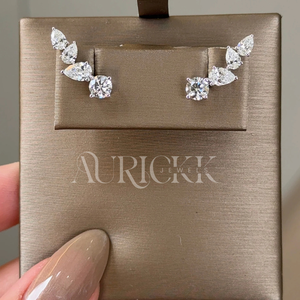 Boucles d'oreilles grimpantes en argent sterling avec moissanite ronde et taille poire, plaquées or rhodié, clous de luxe pour mariage, fête, fiançailles, cadeau - Product Image 2