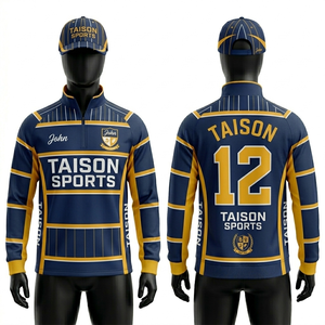 Sudadera deportiva para hombre de alta calidad, 310 GSM, tela de poliéster y elastano, base azul marino, paneles dorados, logotipo sublimado personalizado - Product Image 4