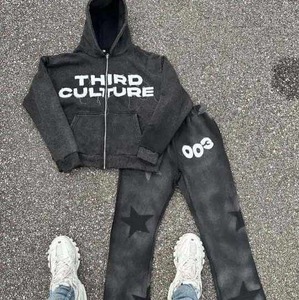 100% coton lavage à l'acide en détresse brodé Patch appliques sweats à capuche Baggy évasé pantalons de survêtement hommes sweat à capuche zippé et survêtement ensemble - Product Image 5