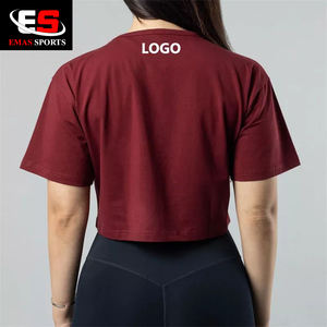 Camiseta corta de algodón 2022 para mujer, manga corta de gran tamaño con hombros caídos personalizados con patrón impreso y decoración de parches - Product Image 2