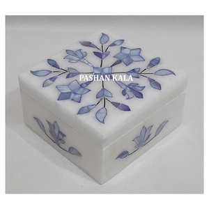 Boîte à bijoux en marbre blanc de forme rectangulaire faite à la main avec incrustation de nacre Design floral de couleur bleue Boîte de cadeau en chocolat utilisée - Product Image 3