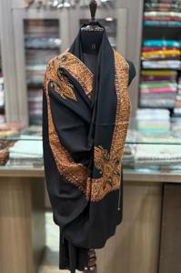 <b>Black</b> Polyester Velvet <b>Shawl</b> with Solid Embroidery and Fringe Breathable for Women Winter Wear and Office Look - Product Image 4