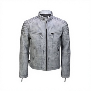 2026 OEM Top Selling <b>Grey</b> Cowhide Leather <b>Jacket</b> Men's Stand Collar Zipper Pockets 100% High Quality Low MOQ Low Price Fashion - Product Image 1