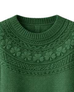 Customized Forest Green Jacquard Knit Sweater Floral Textured Crew Neck Long Sleeve Winter Pullover For Women Custom Wholesale - Product Image 4