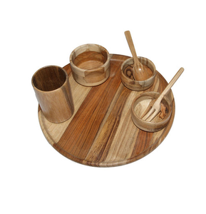 Juego de cena de madera Postre Cuenco para servir y cucharas Plato redondo Artesanía Juego de cena de madera natural - Product Image 6