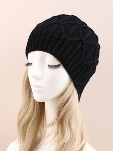 Gorro con puños de ganchillo de Color sólido con logotipo personalizado, gorro de punto de invierno de Navidad Jacquard, gorros para mujer con pompón - Product Image 4