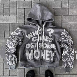 Custom Streetwear Boxy <b>Cropped</b> <b>Zip</b> <b>up</b> Rhinestone Hoodies Cotton Acid Wash Vintage Heavyweight 500gsm Puff Print Hoodie for Men - Product Image 3