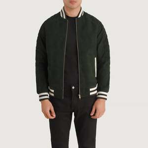 Pascal Vintage Green <b>Suede</b> Varsity <b>Jacket</b> Casual College Streetwear with Embroidered Pattern Cowhide <b>Leather</b> XS Size for Spring - Product Image 1