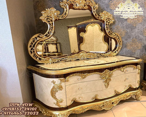 Commode à baldaquin royal de style européen pour ensemble de chambre à coucher Commode sculptée à la main de conception royale Coiffeuse luxueuse de reine avec tabouret - Product Image 5