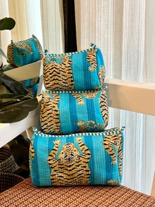 Vintage Quilted Eco-Friendly Cotton <b>Bag</b> Set of 3-<b>Large</b> Capacity Water Resistant Zipper Case Tiger Print Makeup <b>Storage</b> Travel - Product Image 3