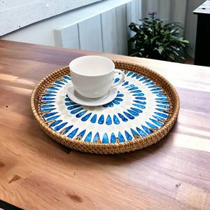 สินค้าใหม่! เตียนปองแฮนด์เมดม่านเดลาสีน้ําเงินทรงกลมหวายแฮนด์เมดและถาดเสิร์ฟแม่มุกโต๊ะกาแฟถาดชา - Product Image 3