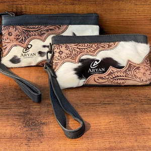 Cartera de cuero hecha a mano para mujer, cartera con cremallera de cuero genuino occidental, bolso de mano Floral pintado a mano - Product Image 1