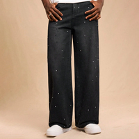 Jean coupe bootcut ample pour homme, gris foncé délavé, orné de strass et de rivets, style Hip Hop, pour soirée et streetwear