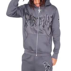 Trending Winter Unisex Custom Digital Embroidered Plaid Oversized Flared <b>Hoodies</b> 100% Cotton Fleece <b>Zip</b> <b>Pocket</b> Washed Techniques - Product Image 3