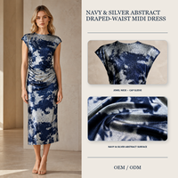 Robe midi pour femme bleu marine et argentée, à motif abstrait métallique, à taille drapée et manches courtes, fabricant de robes de soirée sous marque privée