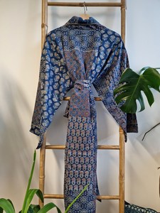 Bata de casa con estampado de bloques de algodón para hombre, Kimono Ajrakh, azul índigo, Patchwork, informal, de lona larga, traje de doble botonadura para invierno - Product Image 4