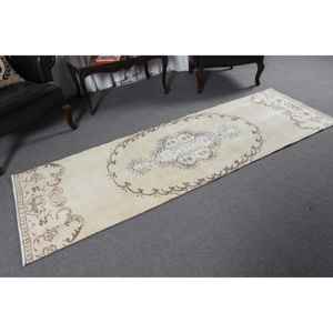 Tapis turc vintage 2,6x8,3 pieds, tapis à carreaux beige en laine - Product Image 3