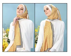 Foulard carré à pois noirs imprimé moutarde/longue écharpe en soie Hijab étole pour femmes (personnalisation disponible)