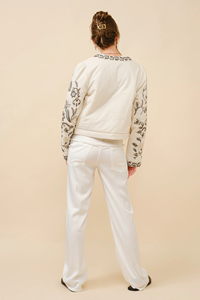 Veste zippée en coton brodé mélangé avec col rond épaules bouffantes coupe décontractée-teint respirant pour le printemps et l'hiver - Product Image 3