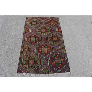 Tapis turc vintage, tapis Kilim 2,7x4,6 pieds, tapis en laine rouge et vert uni - Product Image 1