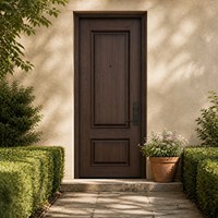 Porte d'entrée en bois classique à deux panneaux en noyer foncé avec œil-de-chat, porte en bois traditionnelle américaine pour entrée principale de villa
