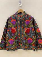 Veste pour femme en velours brodé style bohème, col montant en coton, manteau ethnique pour festival d'hiver