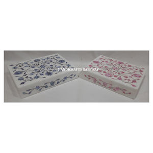 Incrustation de marbre blanc bleu et rose nacre boîte à bijoux forme de rectangle conception de fleurs à la main utilisée pour l'emballage de bracelets - Product Image 2