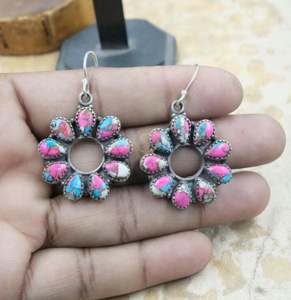 Boucles d'oreilles en coton turc turquoise, boucles d'oreilles en pierre rose et bleue, boucles d'oreilles en argent sterling 925, jaune et rose - Product Image 5