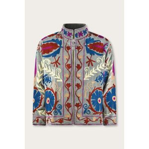 Soft Sage Embroidered Suzani <b>Jacket</b> Cobalt Blue Raspberry Breathable Varsity Style Outerwear <b>Suede</b> Leather Spring Floral Pattern - Product Image 2