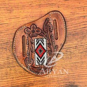 ที่ใส่มีดลูกปัดหนังลายดอกไม้แบบตะวันตกทรงแบนปลอกหุ้มมีดพับหนังแท้พับได้ใหม่ - Product Image 1