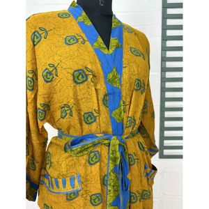 Vintage <b>Kimono</b> Open Jacket Recycled Pure Cotton Boho Summer Tie-Dye House Robe Yellow Blue Floral Style Print Swimsuit Cover Ups - Product Image 4