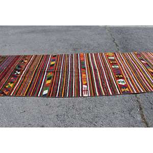 Ethnic <b>Vintage</b> Turkish <b>Rug</b> Red 4.2 X 12.5ft Large Area Wool Latex Rectangular Abstract Patchwork Hallway Design 10mm Room <b>Rug</b> - Product Image 3