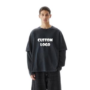 T-shirt Homme 100% Coton Personnalisable avec Logo, Respirant, Délavé à l'Acide, Manches Doubles, Coupe Oversize, Couleur Unie, Écologique, 220g, Manches Longues – Vente en Gros - Product Image 1