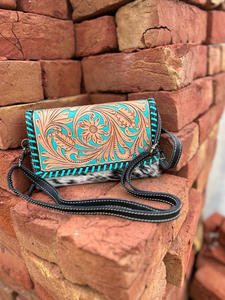 Porte-monnaie en cuir sculpté usiné à la main pochette étui de téléphone élégant portefeuilles en cuir de vachette portefeuille de couleur turquoise pour les femmes - Product Image 2