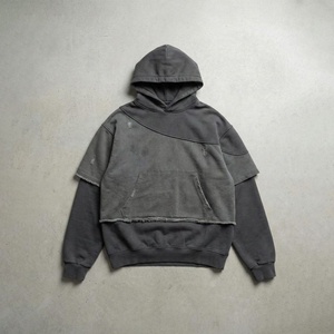 Sweat à capuche streetwear personnalisé 100 % coton, délavé et vieilli, avec fermeture éclair et design à patchs bruts - Product Image 1