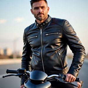 เสื้อแจ็คเก็ตไบค์เกอร์หนังแท้สำหรับผู้ชายแนวสตรีทแวร์เสื้อแจ็คเก็ตหนังแกะสำหรับขี่มอเตอร์ไซค์สำหรับผู้ชายติดโลโก้ตามสั่ง - Product Image 2