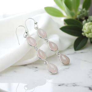 Rose Quartz Long Dangle Drop Earrings 925 Sterling Silver Gold Plated Cute Pear Gemstone Handmade Women's Jewelry - Product Image 4