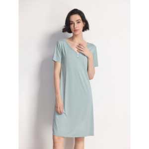 Custom Bamboo Women Summer Nightgown Spandex V-Neck <b>Lounge</b> <b>Dress</b> Bamboo Lace Trim Soft Floral Pattern Knee-Length Short-Sleeved - Product Image 2