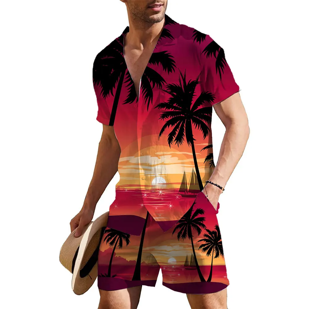 Venda Por Atacado Hot Sale Verão All Over Imprimir New Hawaiian Beach Wear Mens Camisas e Shorts Set em Plus Size Homens Tshirt Havaiana Set