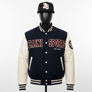High Quality 350GSM Wool Varsity <b>Jacket</b> With <b>Cream</b> PU Sleeves Navy Body Custom Patches Embroidery Design Varsity <b>Jacket</b> for <b>Men</b> - Product Image 1