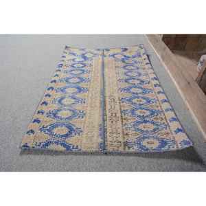 พรมตุรกีโบราณสีเบจสีฟ้าแนววินเทจงานเย็บปะ1.9 x 2.8ft เรียบผ้าขนสัตว์ลาเท็กซ์สำหรับวัยรุ่นสำหรับตกแต่งห้องนั่งเล่น - Product Image 2